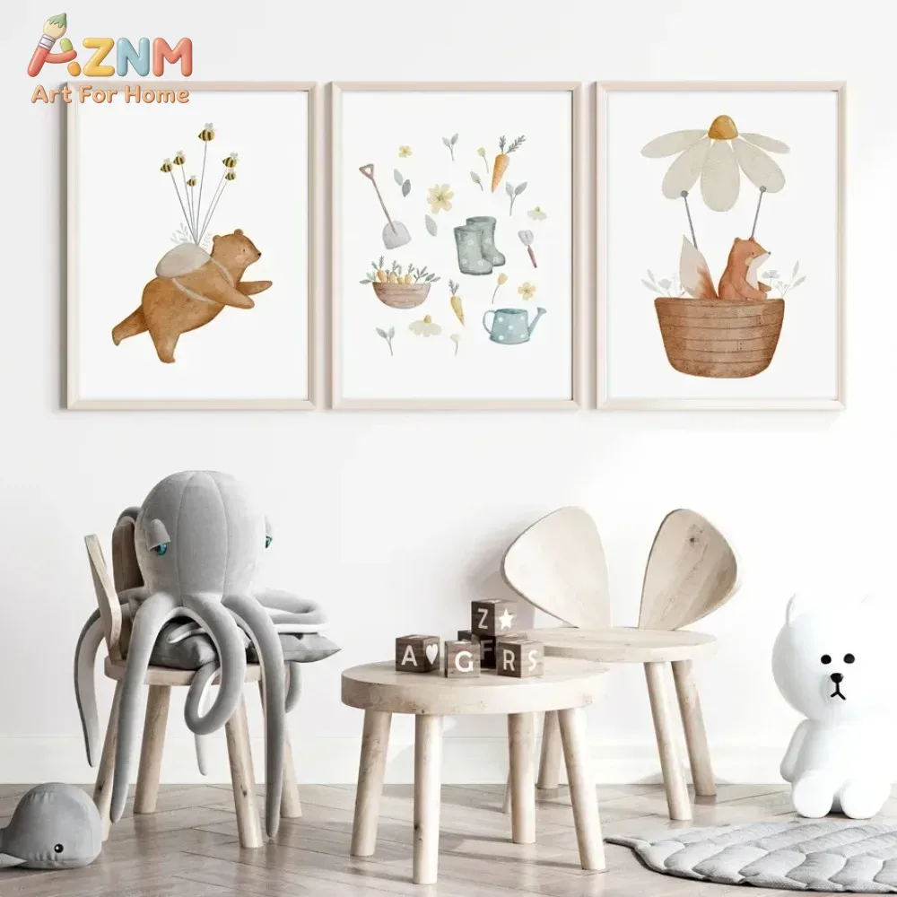 Baby Nursery Kids - AZNM Akwarelowy Niedźwiedź Lis Zwierzęta Obraz