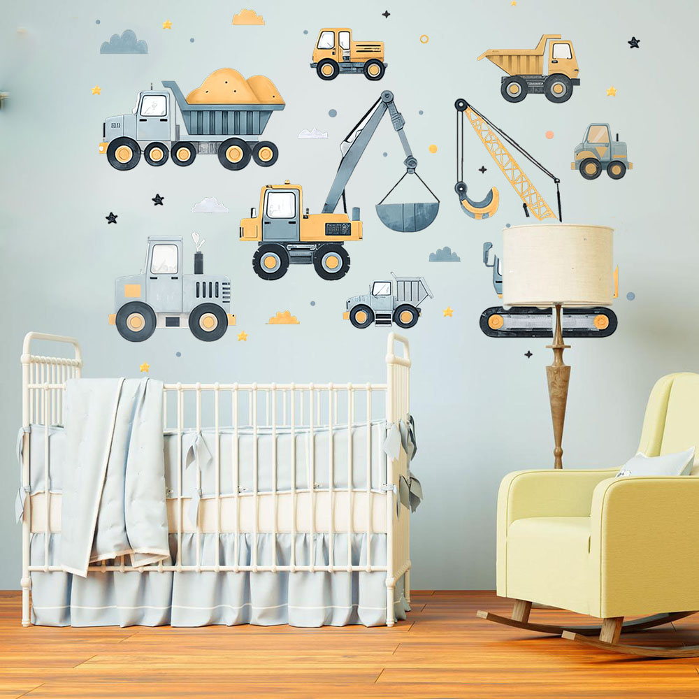 Baby Nursery Decals - Zestaw naklejek ściennych z kreskówkowymi koparkami,