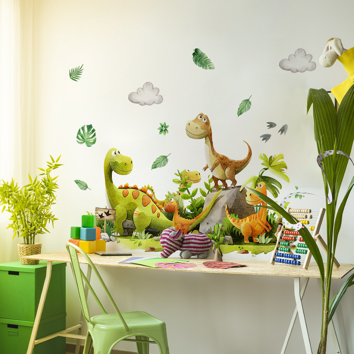 Baby Nursery Green - Kreskówka dinozaur naklejka ścienna zielony liść
