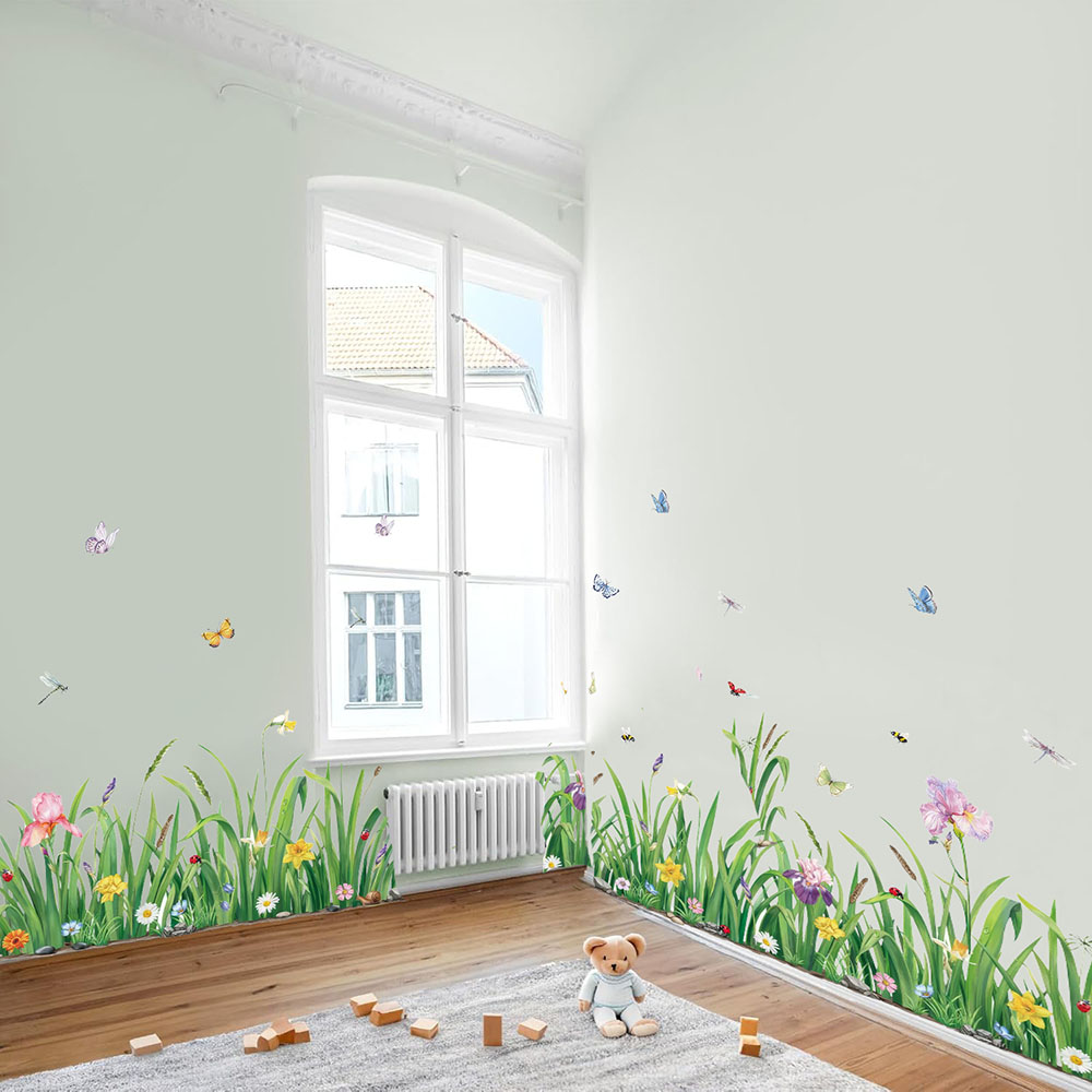 Baby Nursery Green - Naklejki ścienne z zieloną trawą, kwiatami,