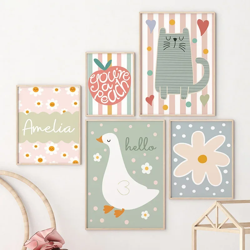 Baby Nursery Kids - Kreskówkowy Kot Kaczka Ptak Jabłko Personalizowane