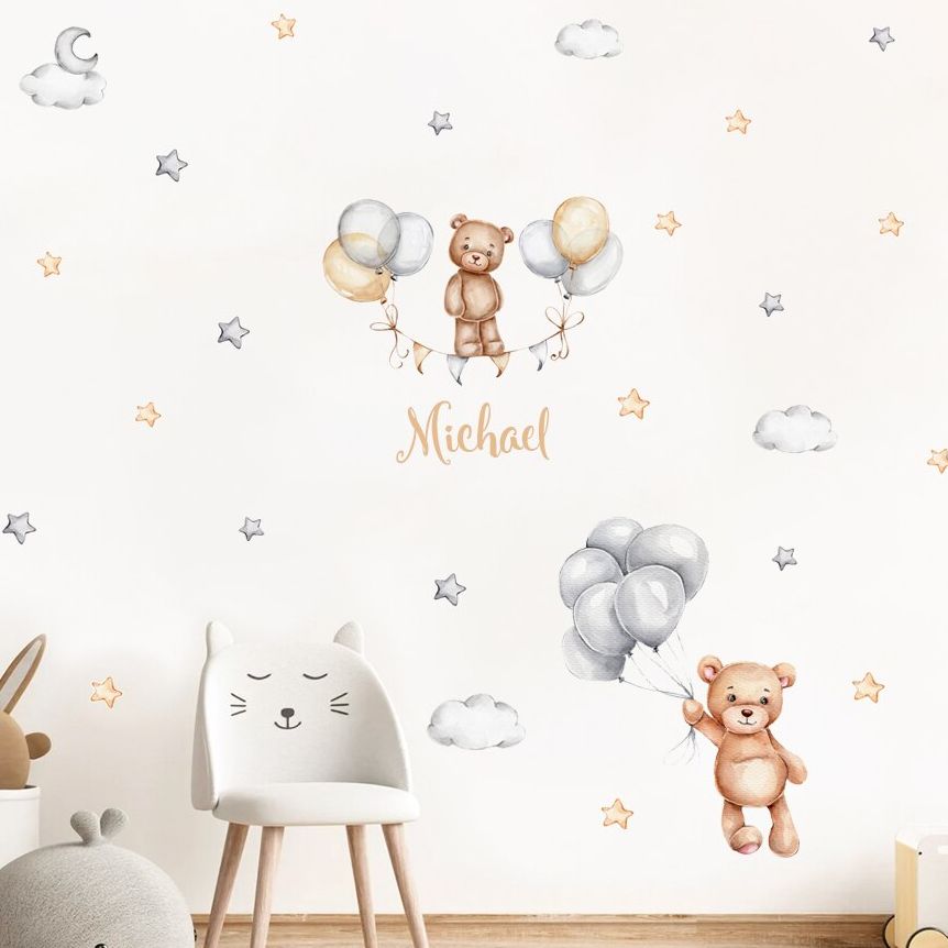 Baby Nursery Murals - Naklejki ścienne z imieniem dziecka, misiem,
