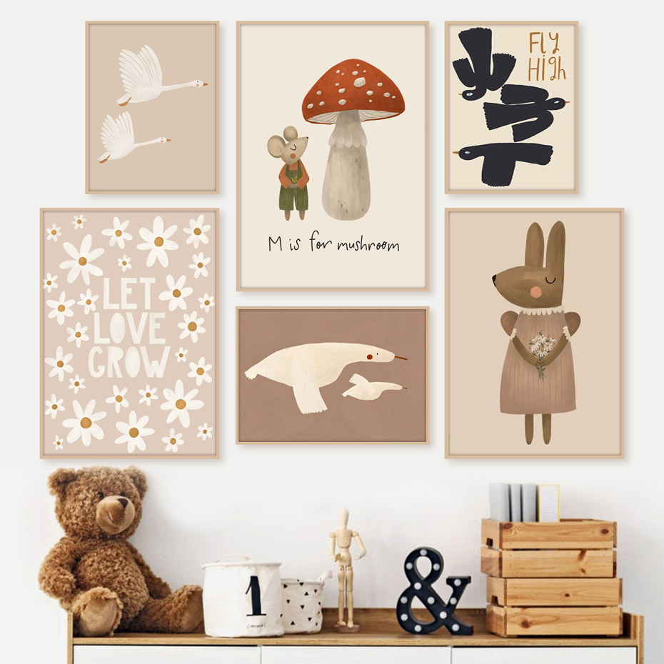 Baby Nursery Needs - Boho Cartoon Rabbit Mouse Goose Posters